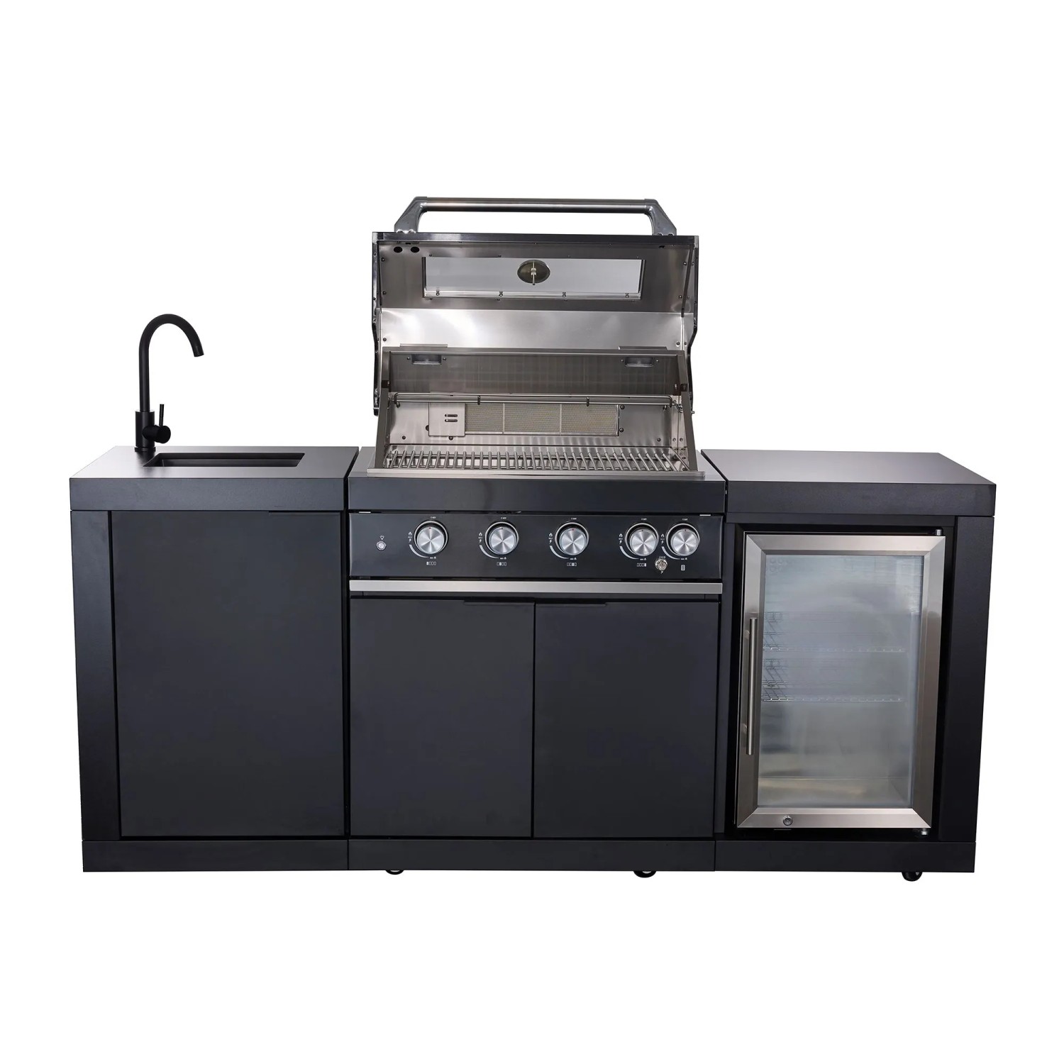 Buschbeck Outdoorküche Liverpool Schwarz mit Grill, Spüle und Kühlschrank.