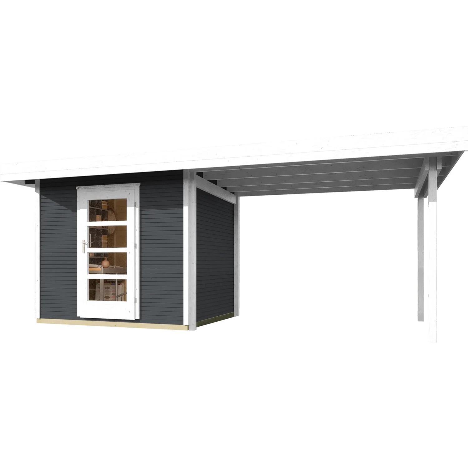 Lasiertes Weka Holz-Gartenhaus WekaLine mit Flachdach und Anbau, 590x377 cm.