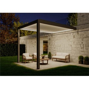 Huun Pergola Mezzo, wandmontiert, anthrazit-weiß, 300x400 cm mit LED-Beleuchtung im Garten.