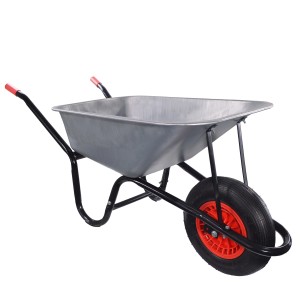 Garmio Schubkarre, 85 Liter, 160 kg, verzinkte Bauschubkarre mit Gummi-Luftreifen und roter Felge.