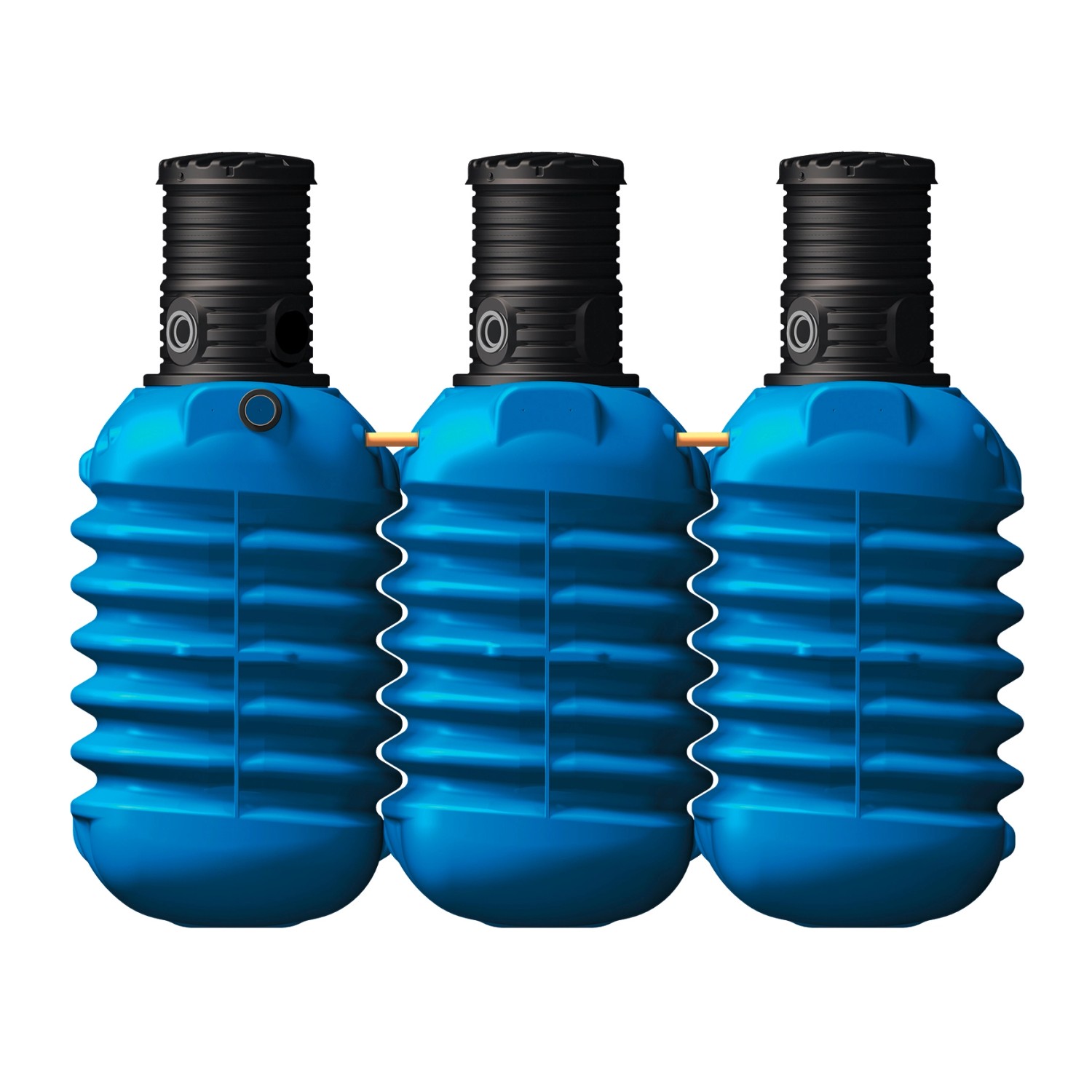 4rain Erdtank Modularis 7.500 l Haus-Premium: Blaues Erdtank-System mit drei Modulen und schwarzem Domschacht.