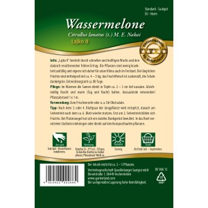 Samenpackung Quedlinburger Wassermelone 'Lajko II', längliche, grüne Melone mit süßem Fruchtfleisch.