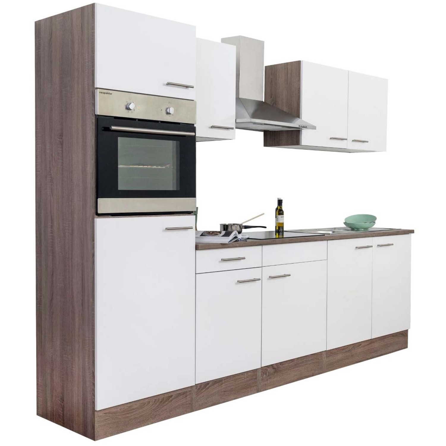 Respekta Küchenzeile 270 cm, Weiß Seidenglanz/Eiche York Dekor, ohne E-Geräte.