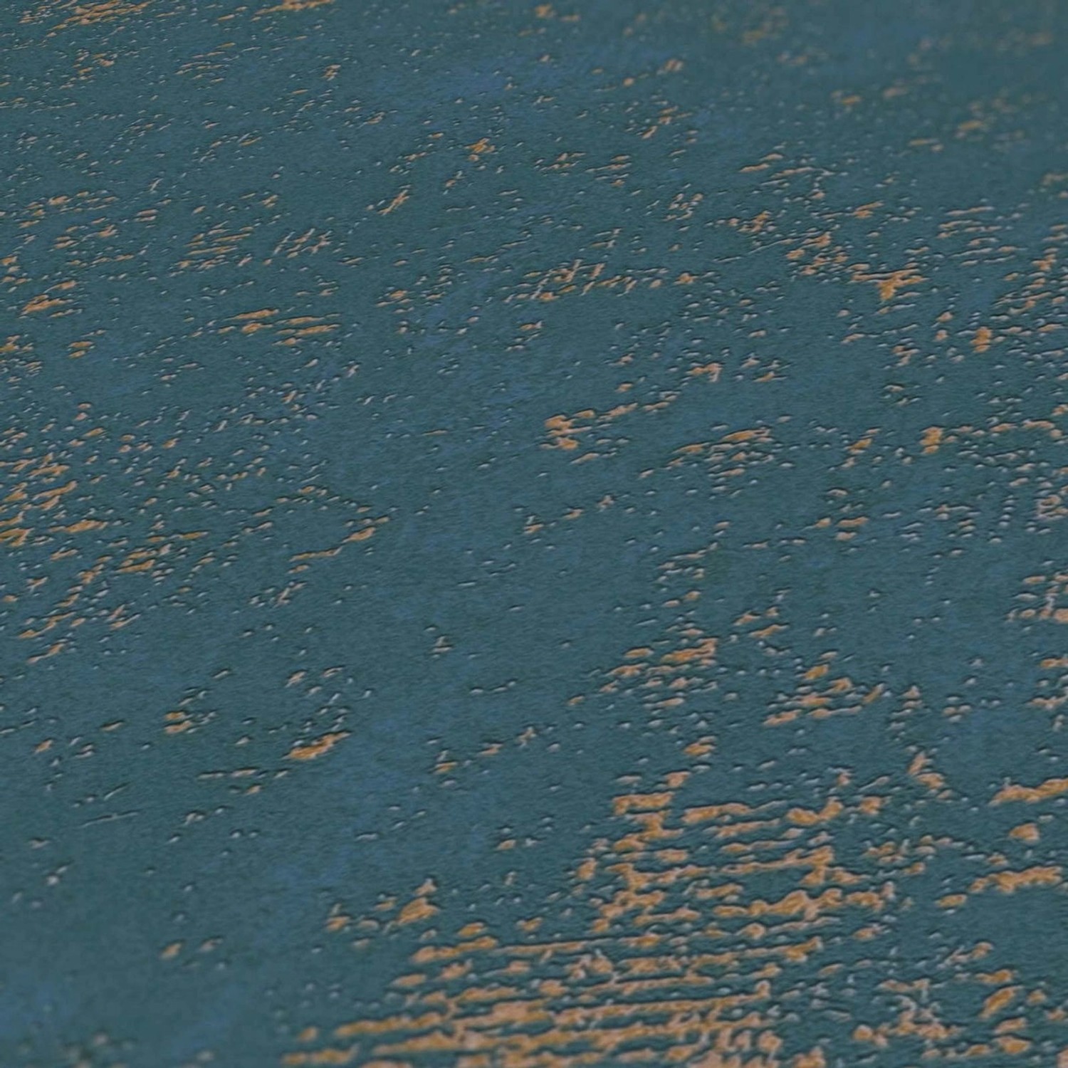 Petrol-goldene Beton Tapete für Wohnzimmer im Industrial Style.