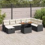 Schwarzes 9-teiliges Garten-Sofa-Set aus Poly Rattan mit Auflagen und Tisch.