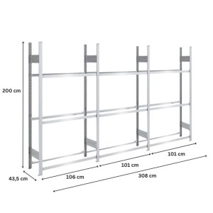 Verzinktes PROREGAL Reifenregal Tire Pro, 200x300x43cm, 3 Ebenen für bis zu 15 Reifen pro Ebene.