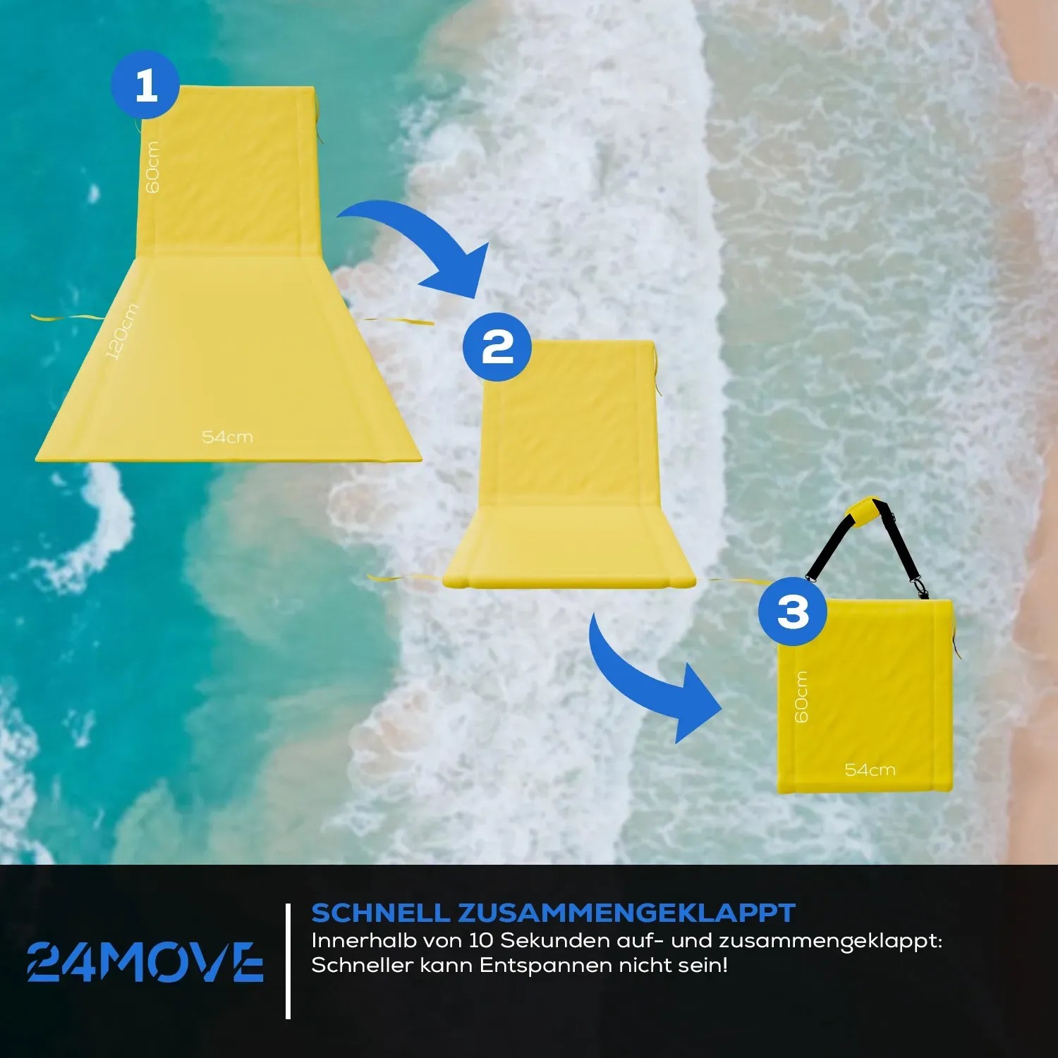 Gelbe 24MOVE Strandmatte, klappbar mit Rückenlehne und Tasche, in drei Schritten zusammengefaltet.