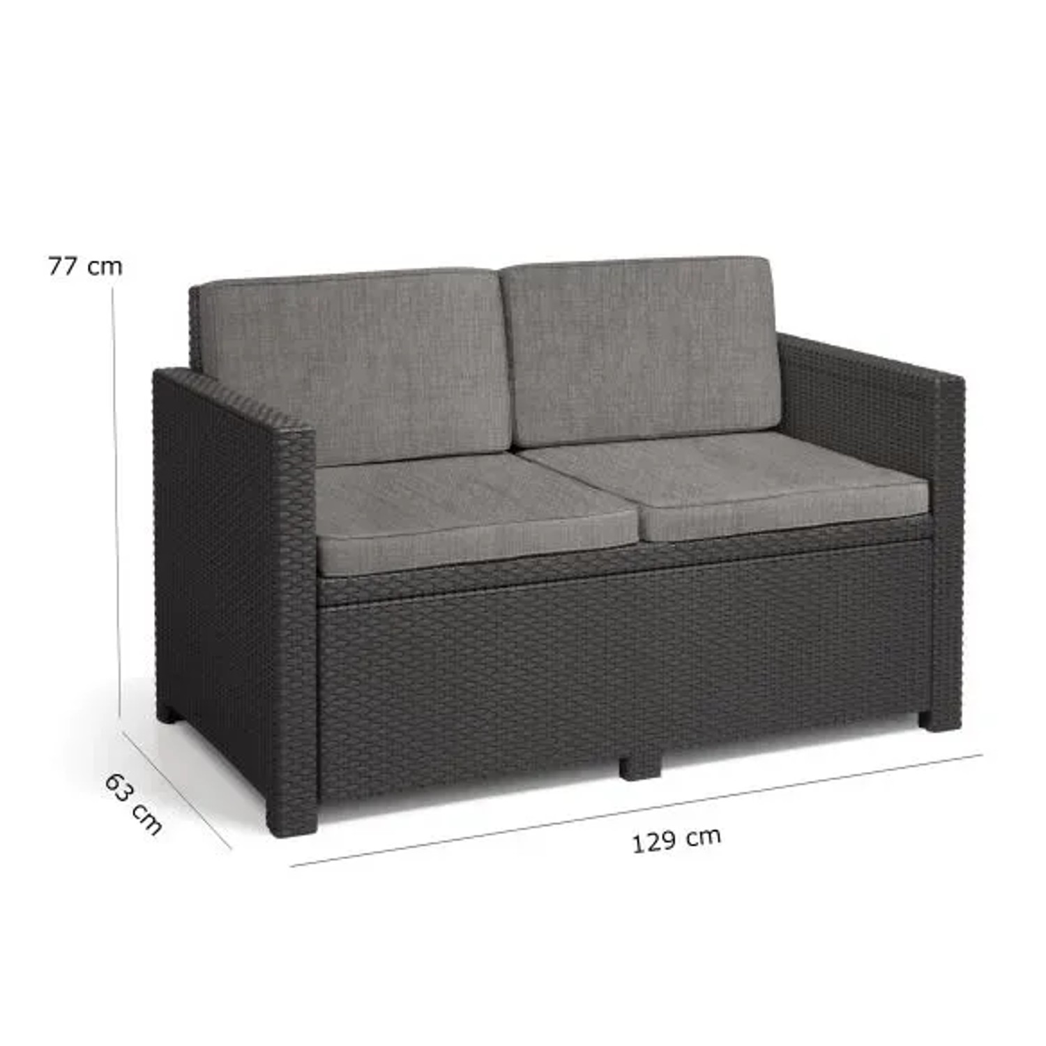 Allibert Victoria Monaco Loungeset 2-Sitzer in Rattan-Optik mit grauen Kissen.