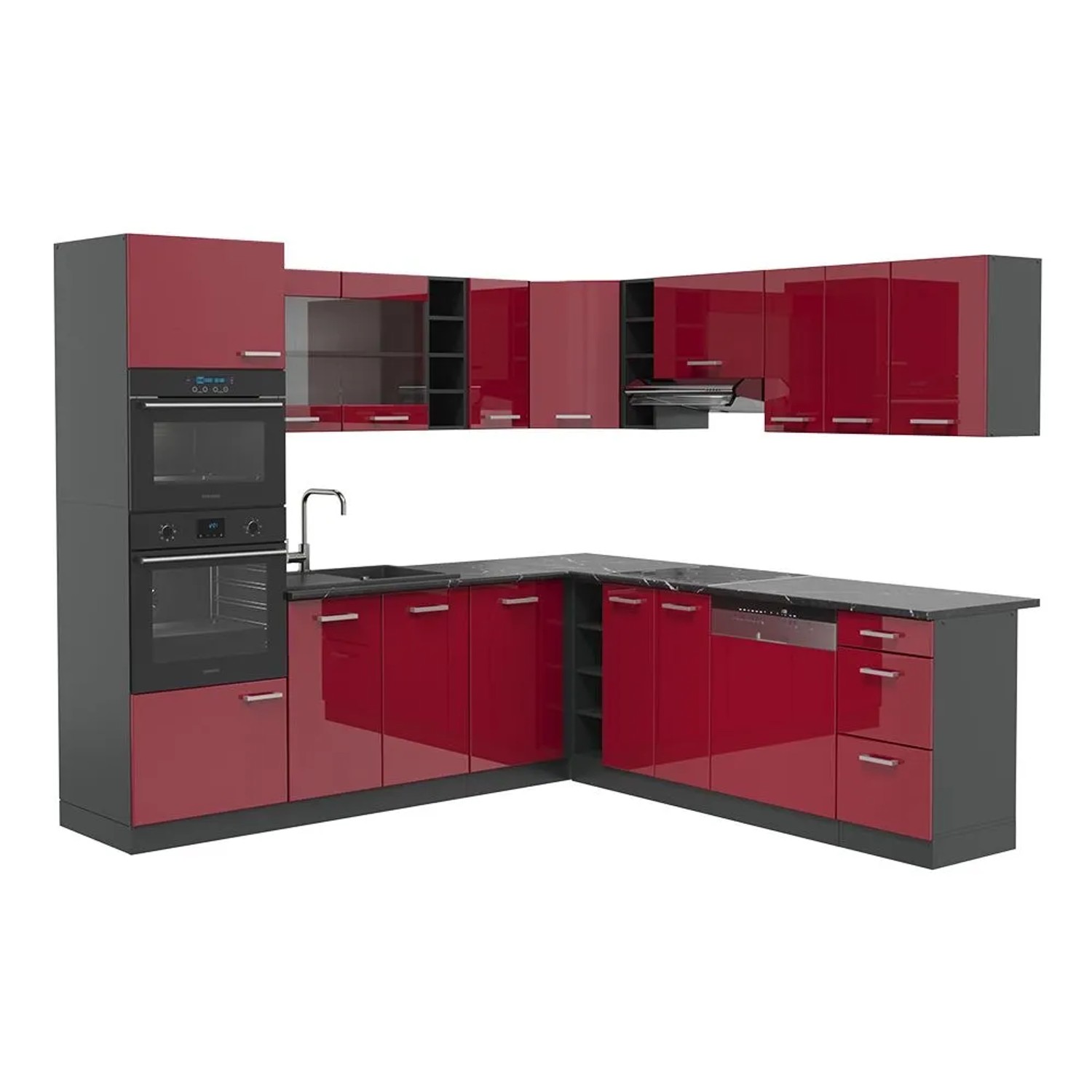 Vicco Eckküche R-Line Rot Hochglanz/Anthrazit 247 x 82, AP Anthrazit