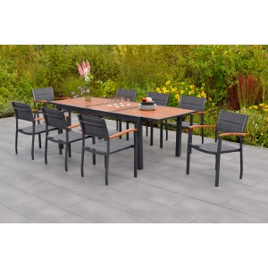 Merxx Paxos Gartenmöbel-Set mit Ausziehtisch und 8 Stapelsesseln aus Aluminium, Textil und Akazie.