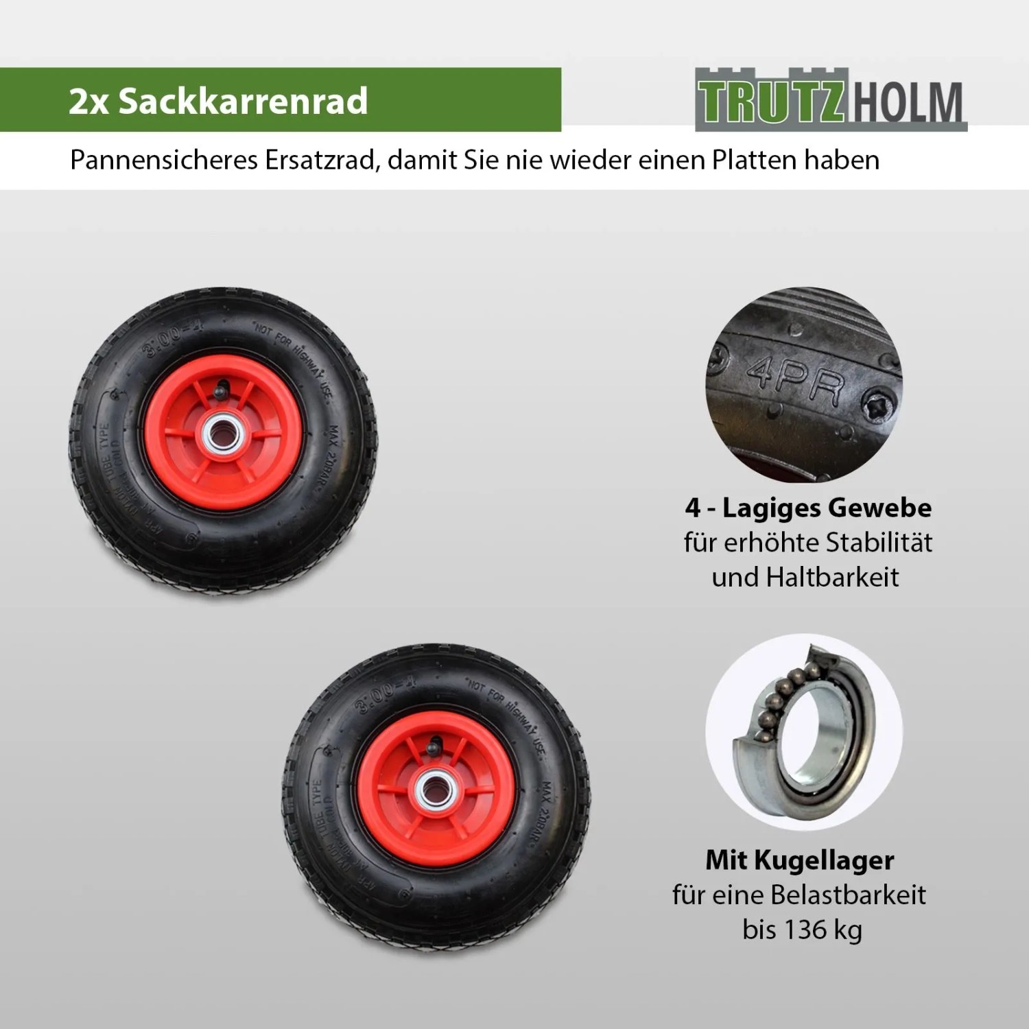 TRUTZHOLM 2x Sackkarrenrad Luftrad 260x85mm 3.00-4 60mm Versetze Nabe Durchmesser 20mm 4PR Gewebe Rot