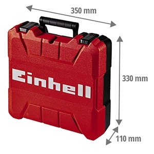 Roter Einhell E-Box Werkzeugkoffer (33x35x11,5cm) mit Tragegriff und Maßangaben.