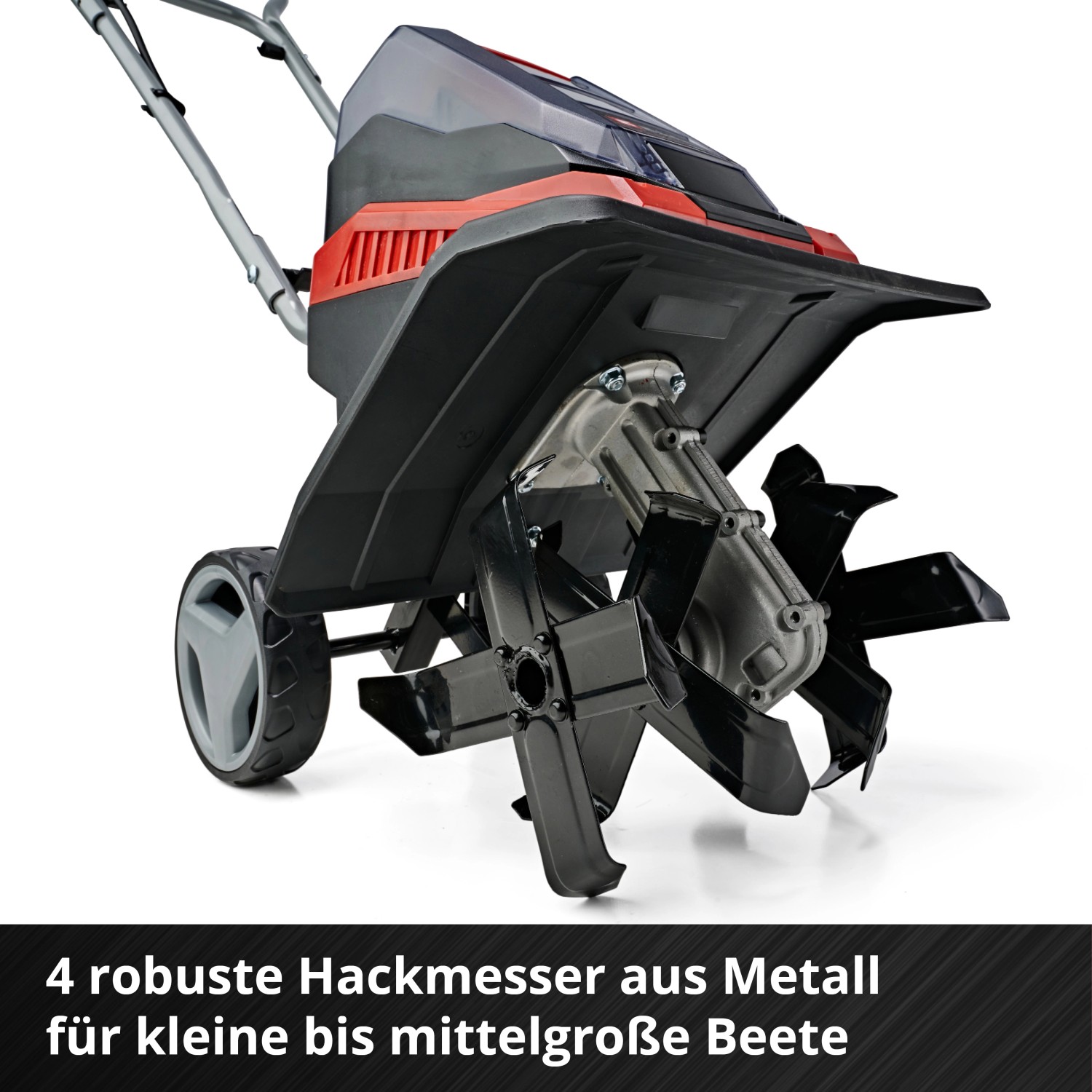 Einhell Akku-Bodenhacke GE-CR 30 Li Solo mit Hackmessern und Rädern, Detailansicht.