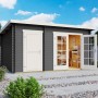 Modernes, carbongraues Lasita Gartenhaus Belmont 1 mit Flachdach und Doppeltür. Ideal als Gerätehaus oder zur Entspannung.
