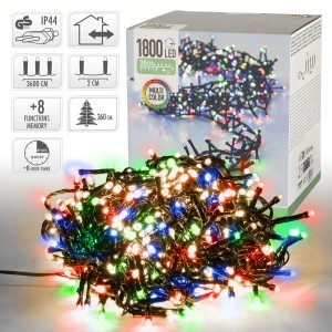 Bunte LED Cluster Lichterkette, 36m, 1800 LEDs, für Weihnachtsbaum und Haus, mit 8 Leuchtprogrammen.