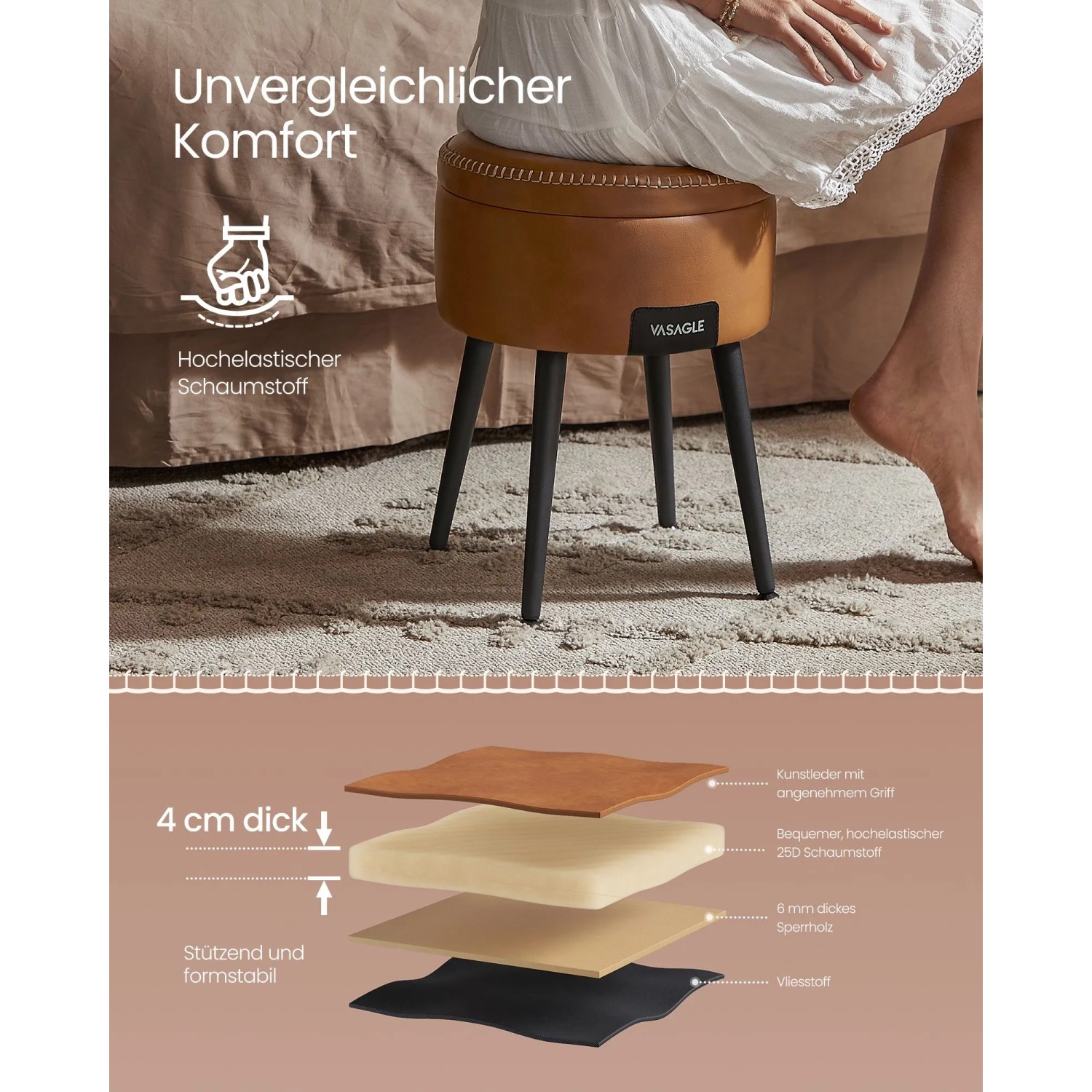 Vasagle Sitzhocker Karamellbraun, Ø 32 cm, mit Stauraum und schwarzen Beinen.