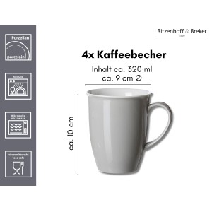 Ritzenhoff & Breker Doppio Kaffeebecher 4er Set, grau, aus Porzellan, spülmaschinenfest.