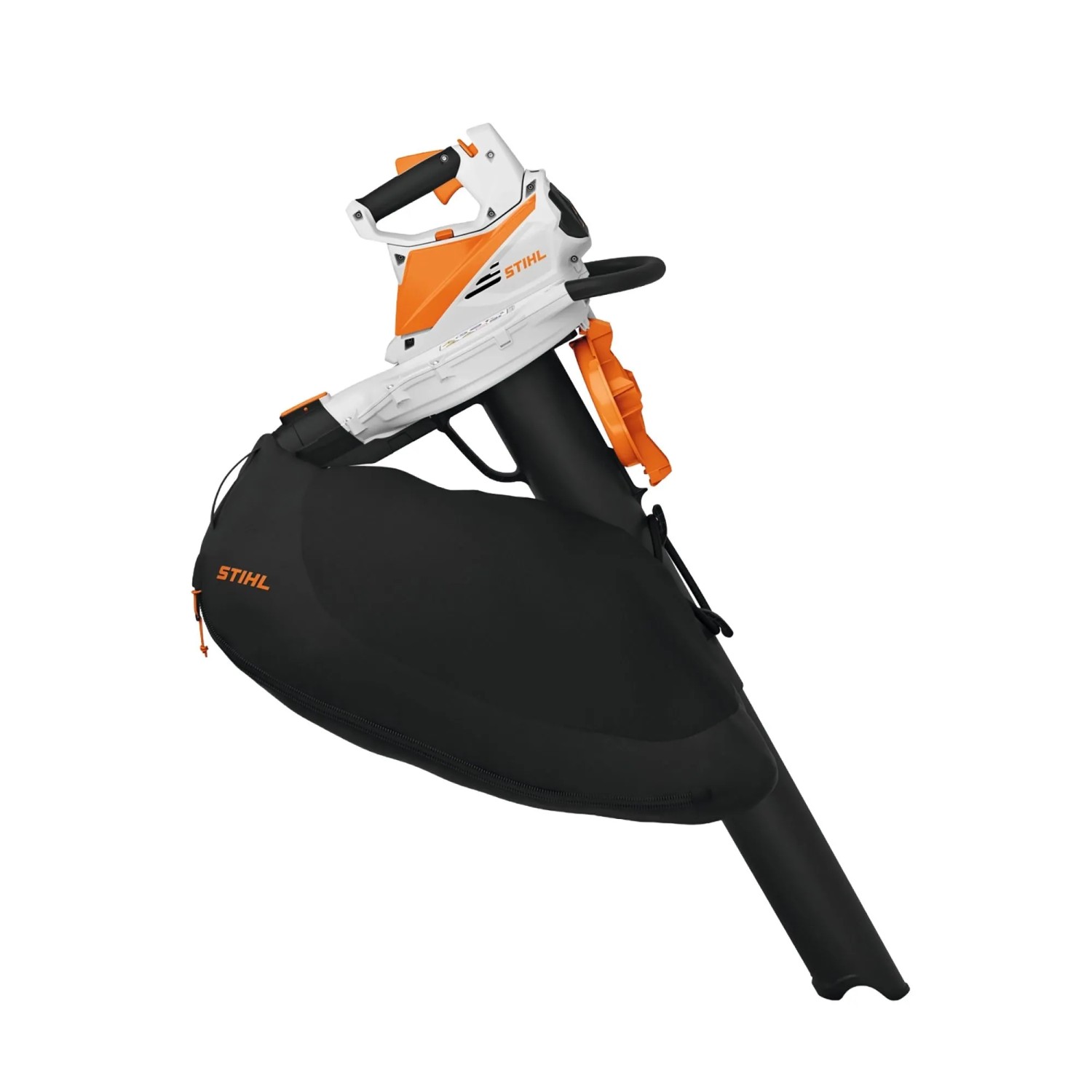 Stihl Akku-Saughäcksler SHA 56 in Orange/Weiß mit Fangsack. Laub und Unrat effizient saugen.