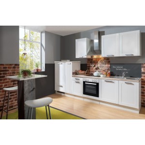 Menke Landhausküche White Premium, 300 cm, mit E-Geräten und Asteiche Arbeitsplatte.