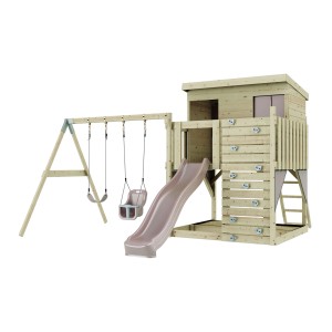 PolarPlay Spielturm Nils mit Babyschaukel und Rutsche, aus Holz.