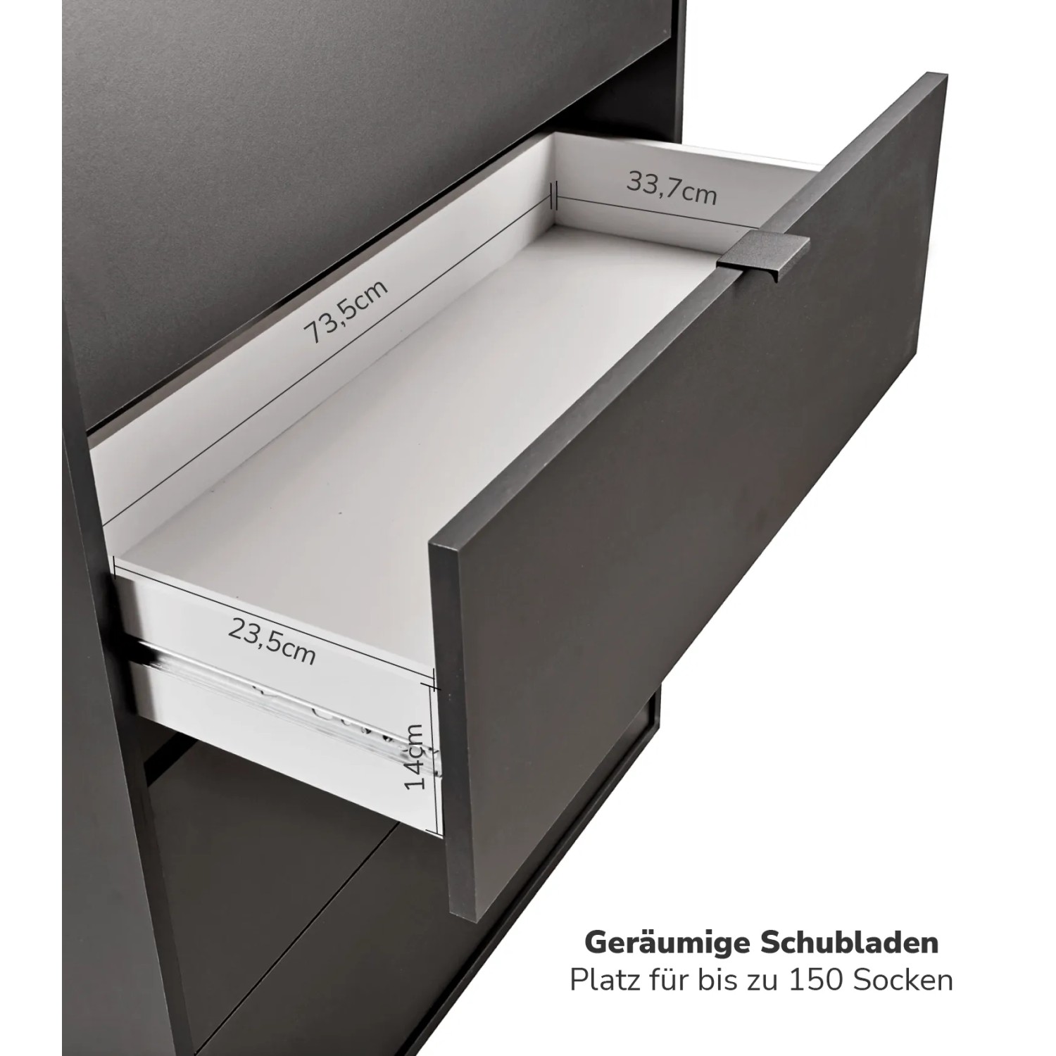 mokebo Kommode Anthrazit: Detailaufnahme einer offenen Schublade mit Maßangaben.
