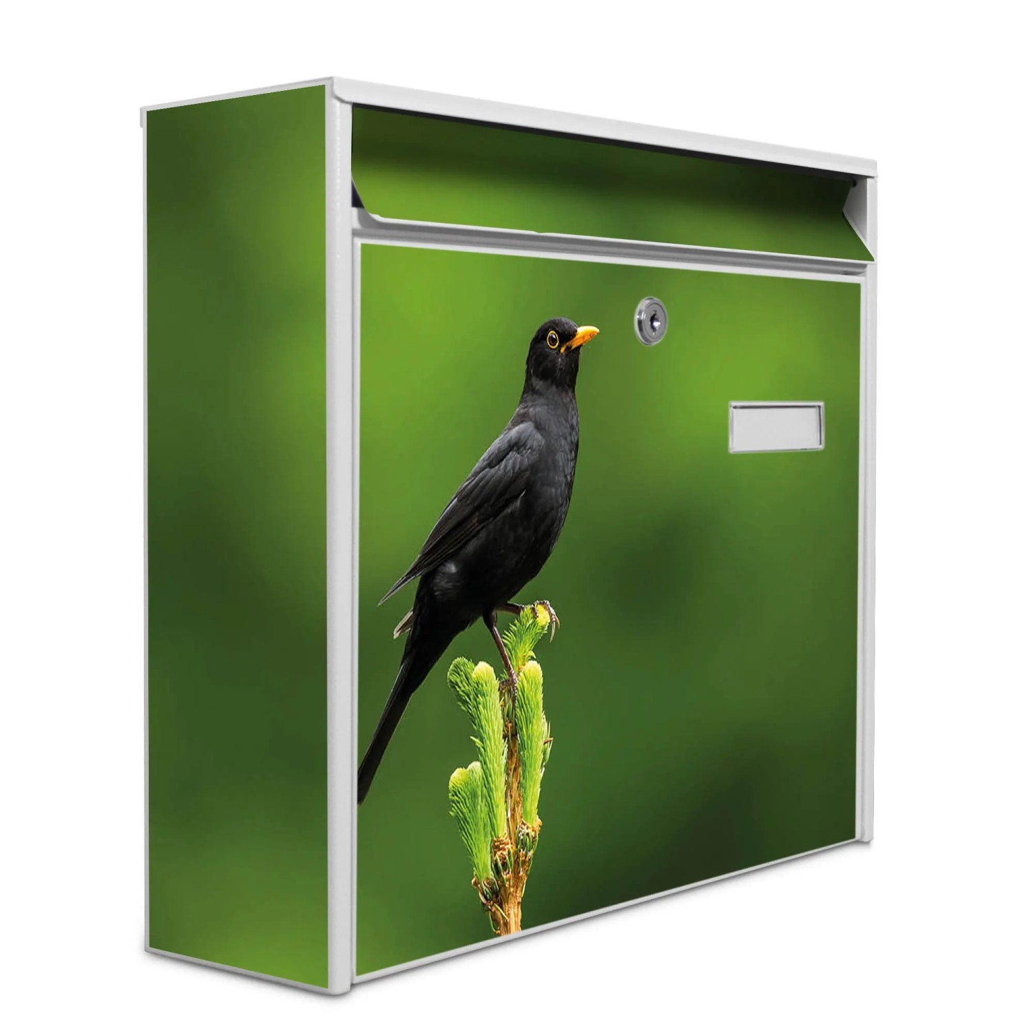 Weißer Banjado Briefkasten mit Vogel-Motiv, inkl. Montagematerial und Schlüsseln.