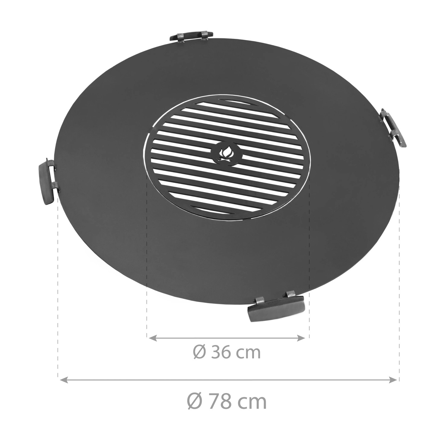 Schwarze CookKing Grillplatte aus Stahl mit Grillrost für 78 cm Feuerschalen.
