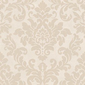 Beige Barock Tapete mit elegantem Ornament im Nostalgie-Stil für Wohn- und Schlafzimmer.