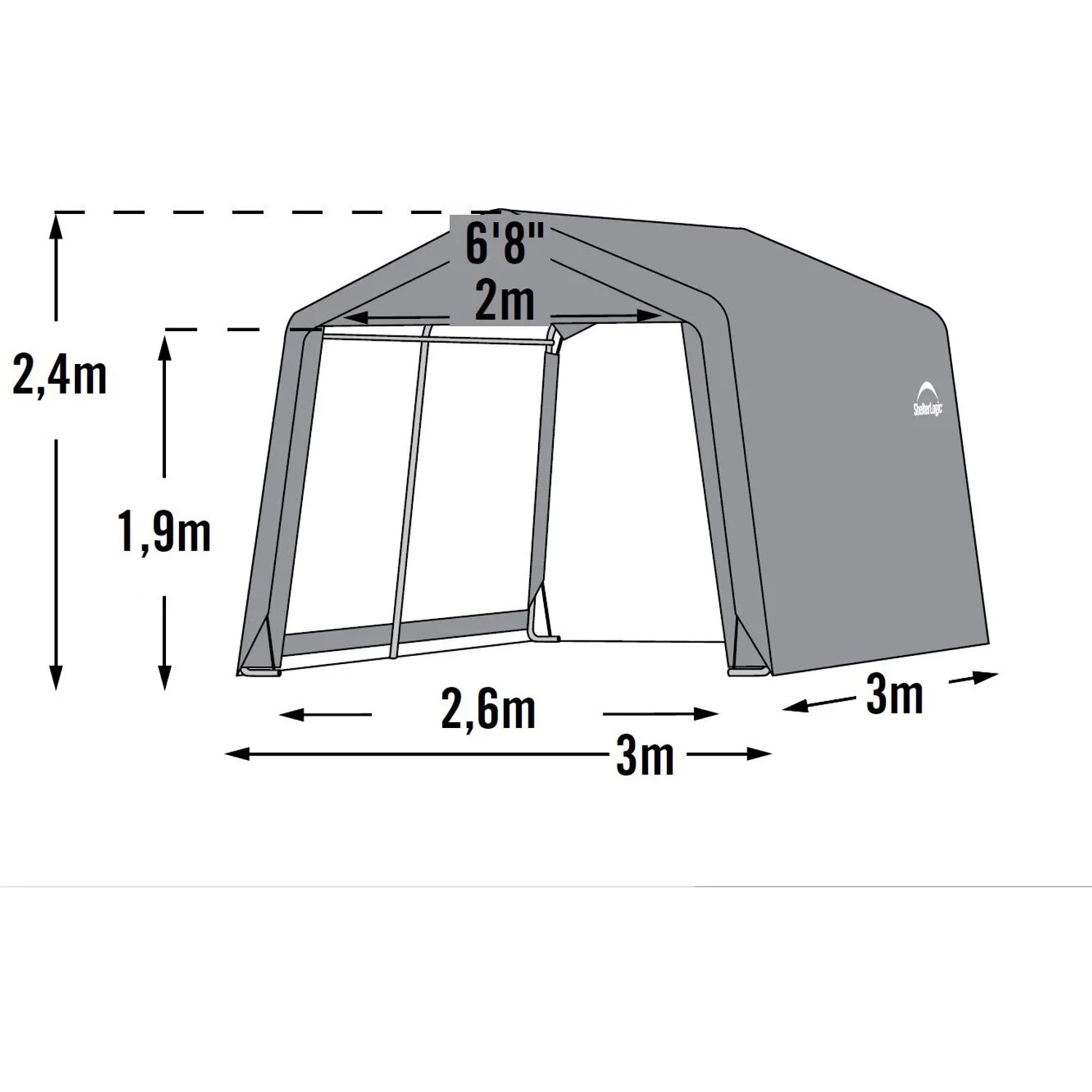 Graues Shelter Logic Metall-Gerätehaus, 9 m², mit Maßangaben. Ideal als Gerätehaus.