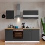 Respekta Küchenzeile KB210WGC, 210 cm, grau-weiße Einbauküche mit Holz-Arbeitsplatte und E-Geräten.
