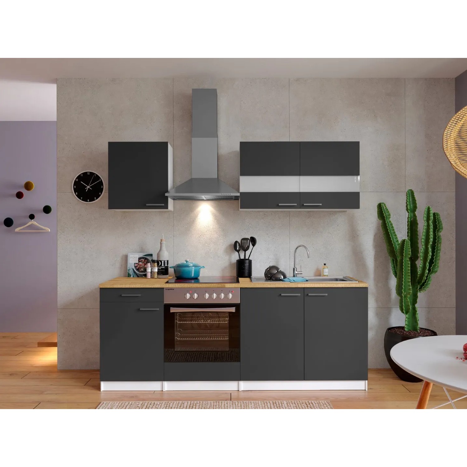 Respekta Küchenzeile KB210WGC, 210 cm, grau-weiße Einbauküche mit Holz-Arbeitsplatte und E-Geräten.