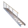 Treppe Kos mit 10 Eiche Rustik Stufen, Metallgeländer grau, 105 cm breit.