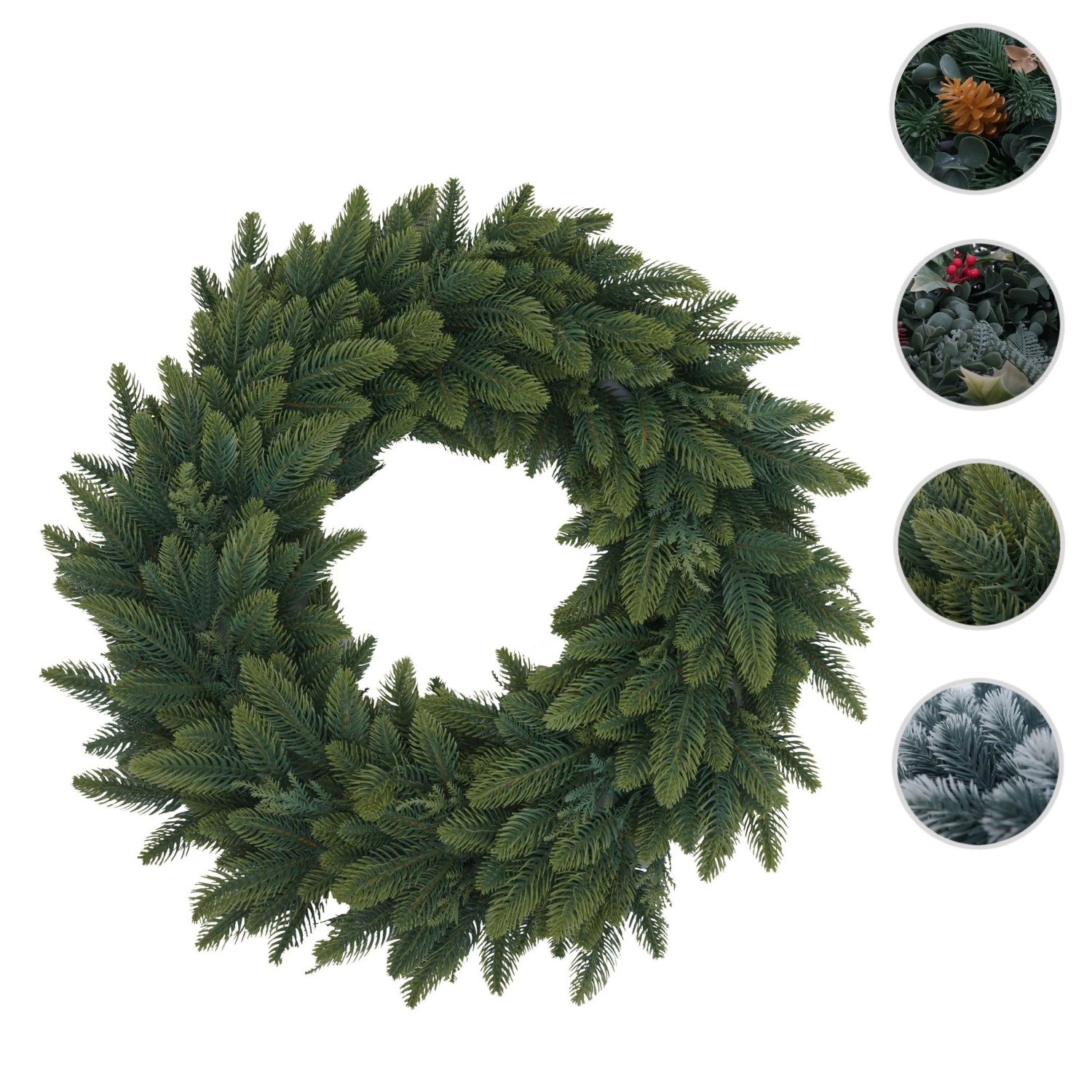 Grüner künstlicher Tannen-Kranz Ø 45cm für Weihnachtsdekoration. Ideal als Türkranz oder Tischkranz mit Kerzenhaltern.