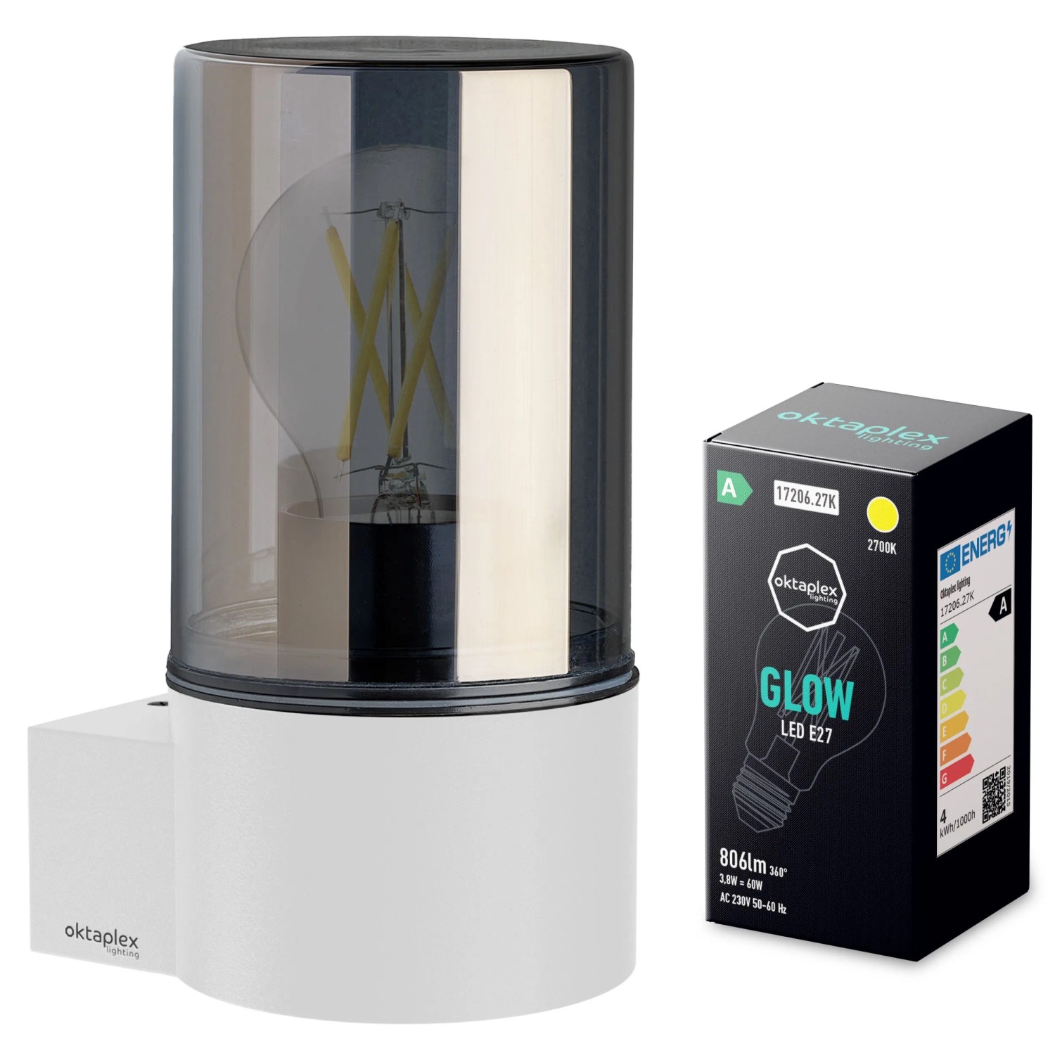 Oktaplex Puno Außenwandleuchte inkl. E27 LED-Leuchtmittel 3,8W 806lm Warmweiß 2700K IP44 Aluminium Glas Weiß