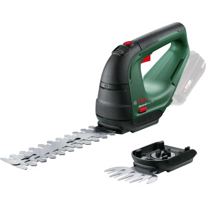 Bosch AdvancedShear 18V-10 Akku Gras- und Strauchschere mit zwei Messeraufsätzen.