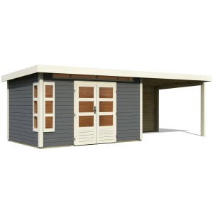 Terragraues Karibu Holz-Gartenhaus Kastberg mit Flachdach und Anbau, 360x240 cm.
