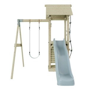 PolarPlay Kinderschaukel Göteborg Eisblau mit Rutsche und Spielturm aus Holz.
