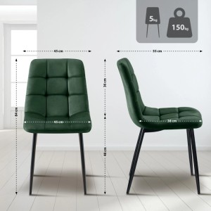 Grüne Samt Esszimmerstühle Asti im 4er Set mit schwarzen Metallbeinen. Maße: 84x45x55 cm, 150 kg Belastung.