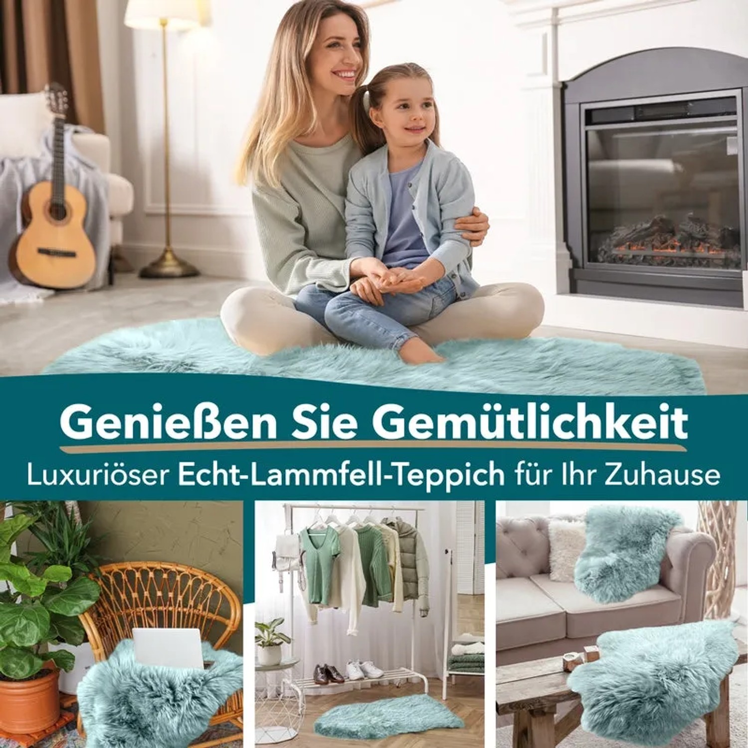 KARAT Schaffell Audrey in Duck Egg: Premium Lammfell, vielseitig einsetzbar als Teppich oder Deko.