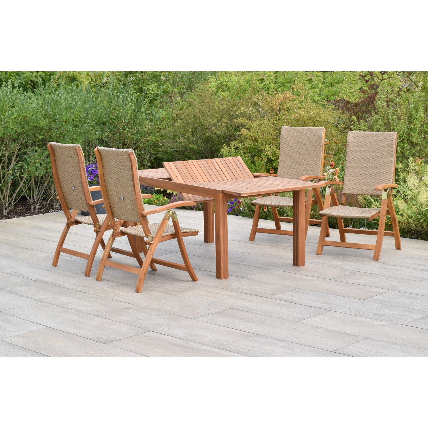 Merxx Capri Gartenmöbel-Set, 5-teilig, mit Ausziehtisch (150/200x90 cm) und 4 Klappsesseln.