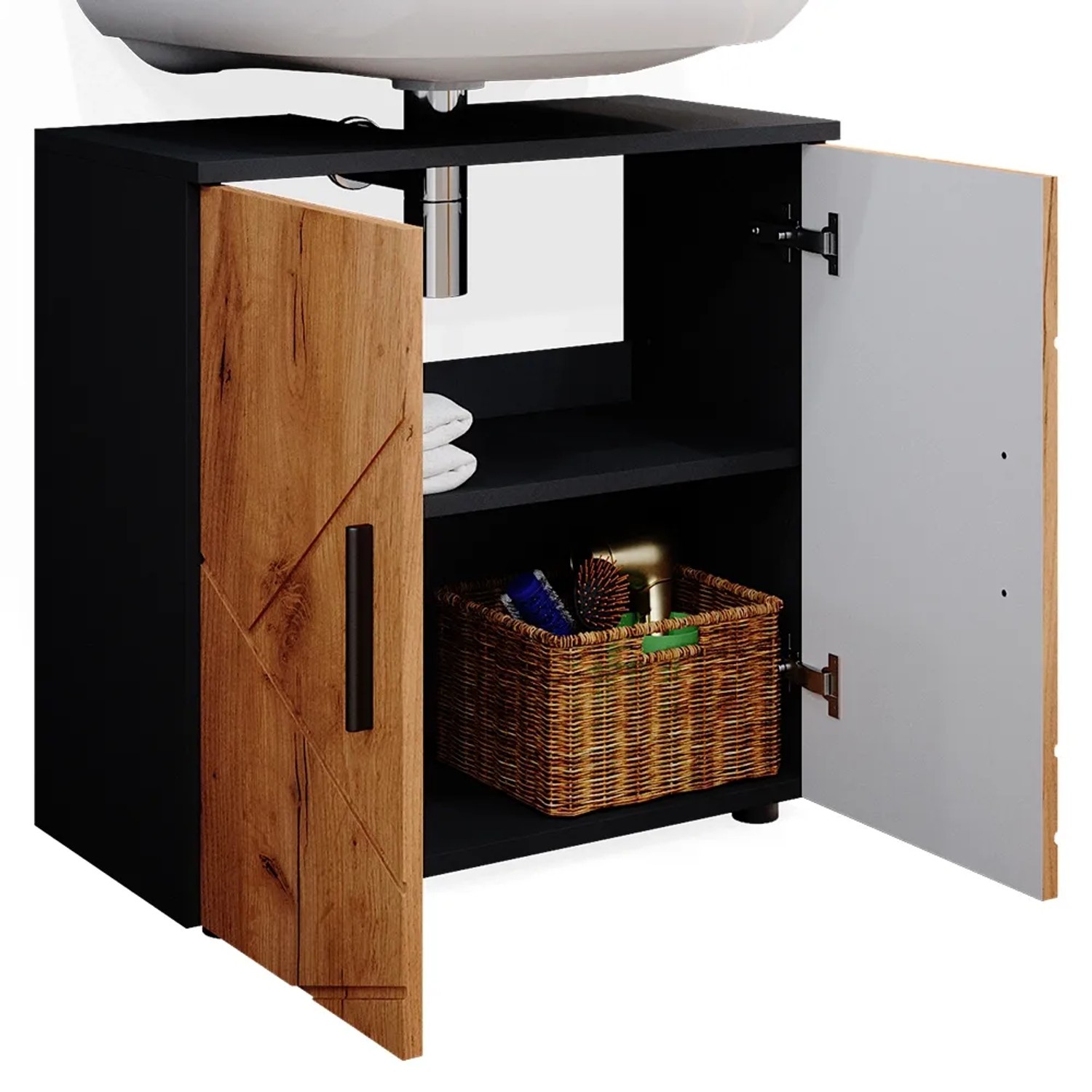 Vicco Waschbeckenunterschrank Irma, Anthrazit/Eiche, 60 cm breit, mit Stauraum.