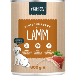 Primox Fleischmecker Lamm 800g, Nassfutter für Hunde mit Lammfleisch und natürlichen Zutaten.