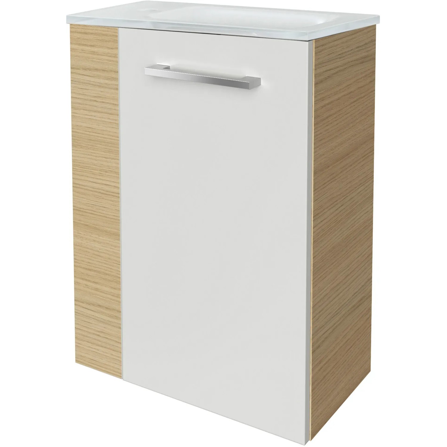 Fackelmann Waschbeckenunterschrank SBC Sandeiche, 44 cm breit, mit weißer Front und Griff.