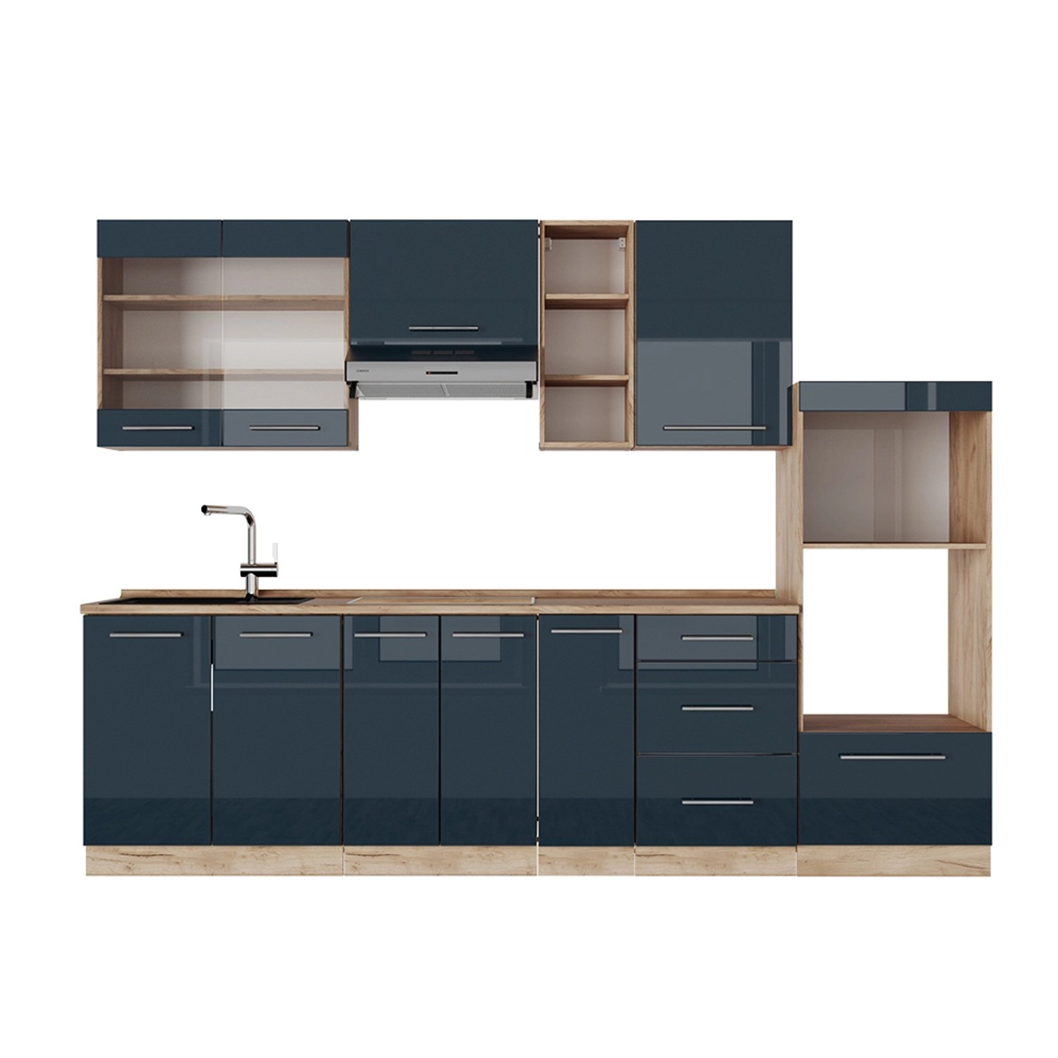 Vicco Fame-Line Küchenzeile Dunkelblau Hochglanz/Goldkraft Eiche 280 cm ohn günstig online kaufen