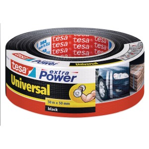 Schwarzes Tesa Extra Power Universal Klebeband, 50m x 50mm, vielseitig einsetzbar.