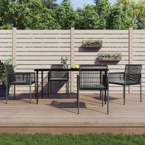 Schwarze 5-tlg. Garten-Essgruppe aus Polyrattan und Stahl mit Kissen. Gartenmöbel-Set für Terrasse und Garten.