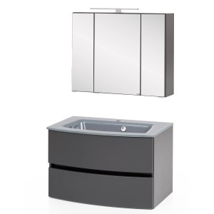 Held Möbel Waschtisch-Set Salerno, 80 cm, matt Grau-Graphitgrau mit Glasbecken und Spiegelschrank.