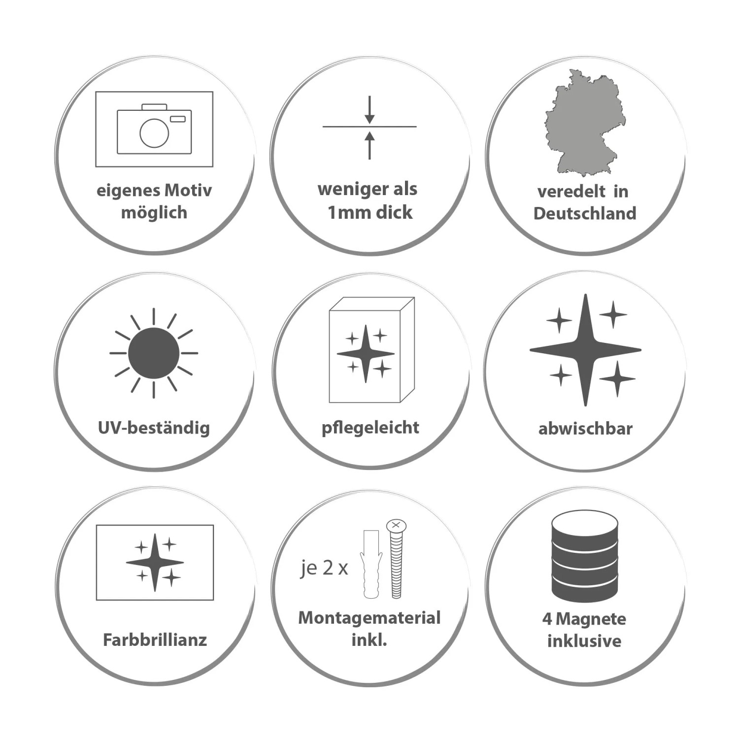 Symbole der Produkteigenschaften der Banjado Magnettafel Perlenmuschel: UV-beständig, abwischbar, inkl. Magnete und Montage