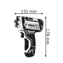 Skizze des Bosch Professional GSR 12V-15 FC Akku-Bohrschraubers mit Maßangaben.