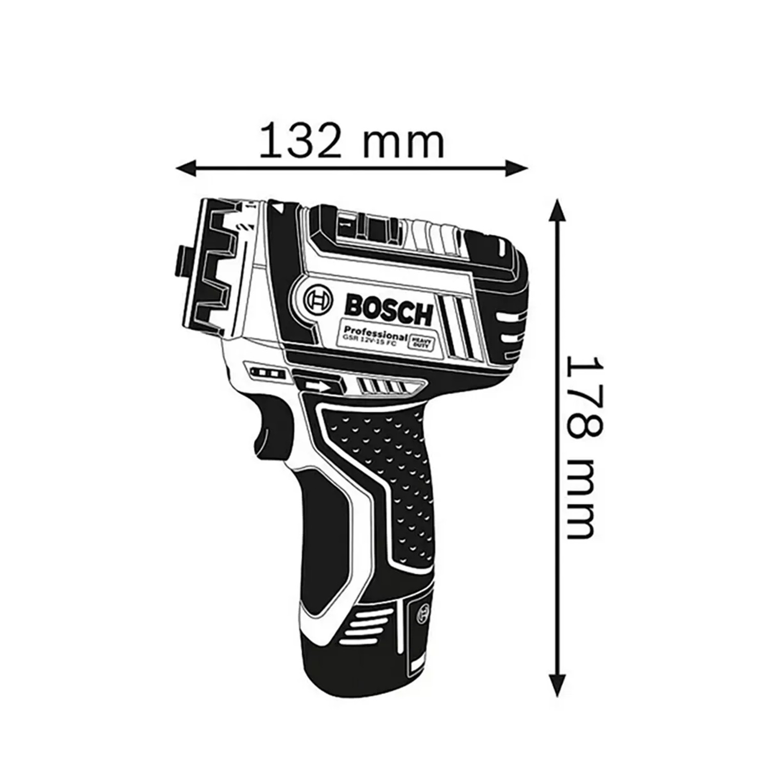 Skizze des Bosch Professional GSR 12V-15 FC Akku-Bohrschraubers mit Maßangaben.